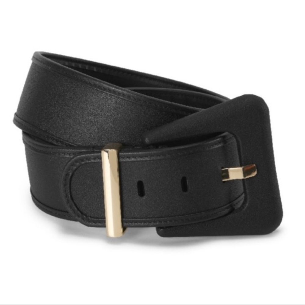 CAbi “Boss” Wide Leather Belt Black Women’s Size M Gold Buckle Preppy Minimalist